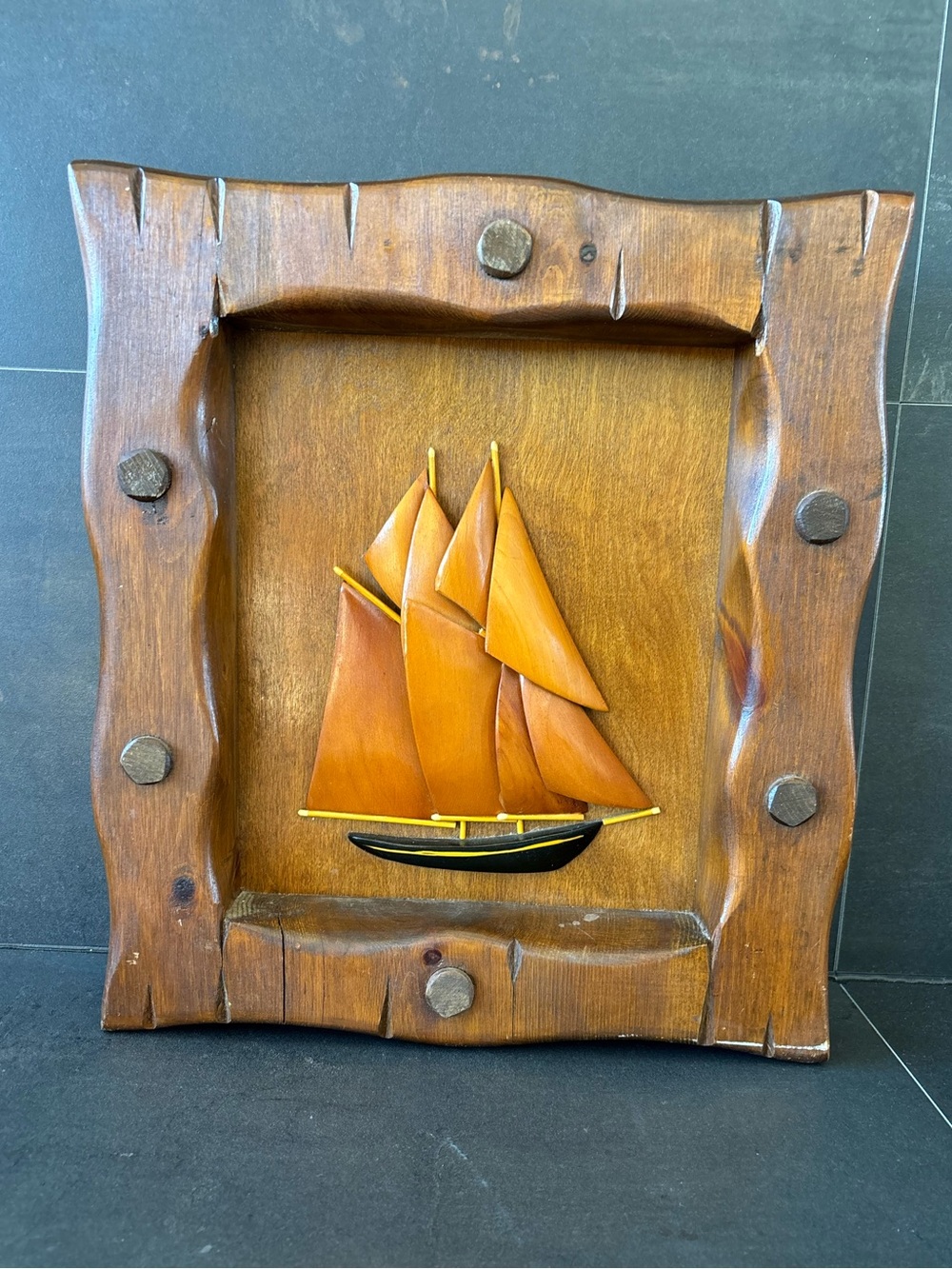 Vintage Maritime Handmade Rustic Wooden 3-D Art Work Plaque, Sailboat/Schooner
